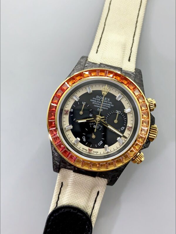 Rolex Daytona DiW Carbon Edition Rainbow Bezel – Forged Carbon Casing Beige Strap(1:1Super Clone )