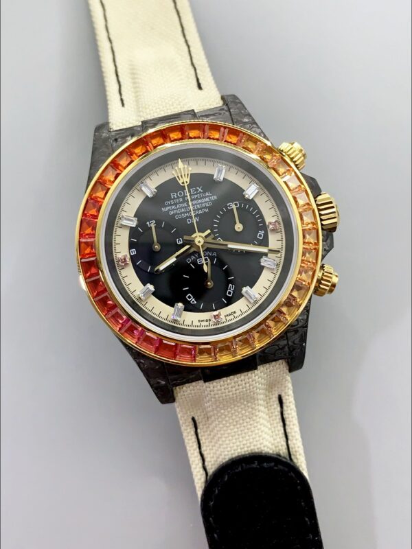 Rolex Daytona DiW Carbon Edition Rainbow Bezel – Forged Carbon Casing Beige Strap(1:1Super Clone )