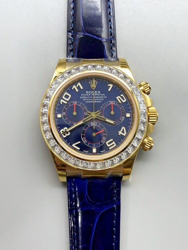 Rolex Daytona Blue Dial Diamond Bezel Gold Case Blue Leather Strap Chronograph 1:1 Superclone